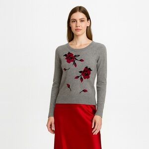 Cashmere Rose Embellished Sweater Gray Floral Sweater
